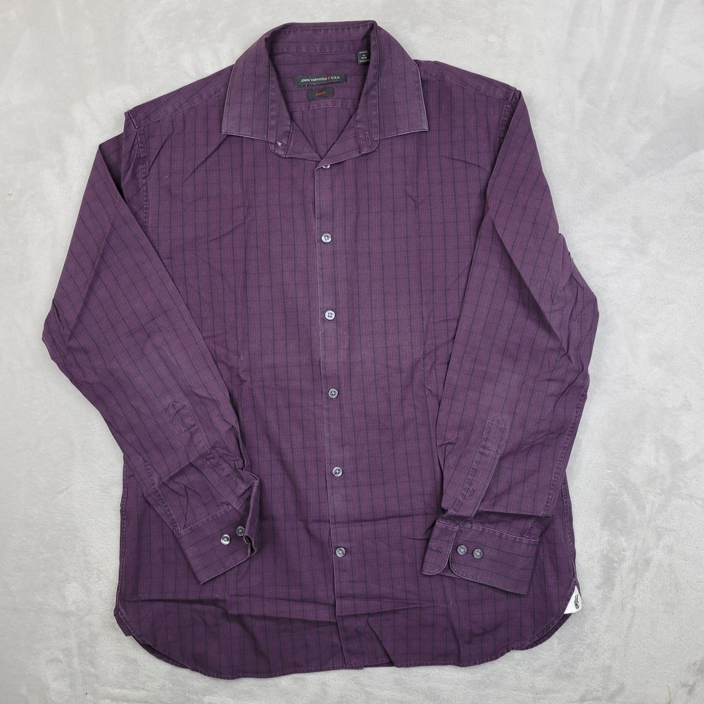 John Varvatos Shirt Mens 16 Purple Slim Fit Long Sleeve Button Up Plaid Dress